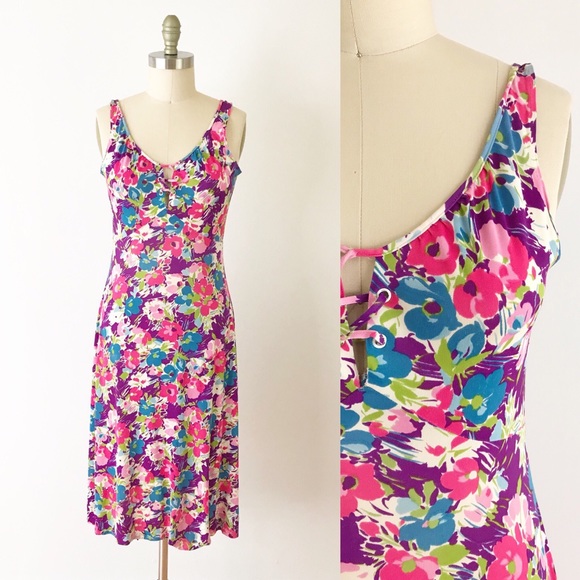 Vintage Dresses & Skirts - Vintage 70s Floral Lace Front Slip Sun Dress O454